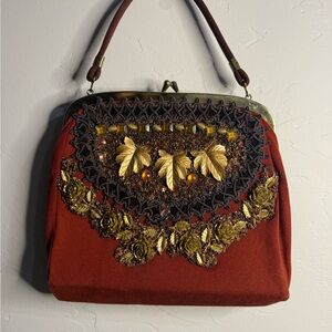 Vintage Caron of Houston Texas Floral Hand Decorated & Beaded Purse Handbag